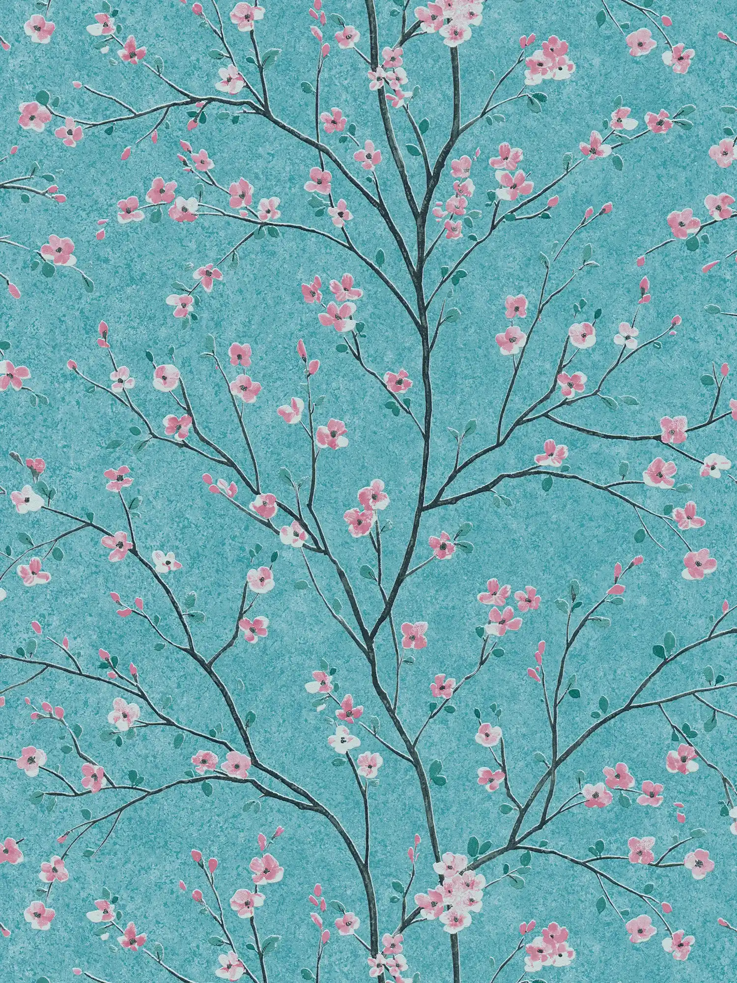 Japanische Kirschblüten Tapete – Blau, Grün, Rosa
