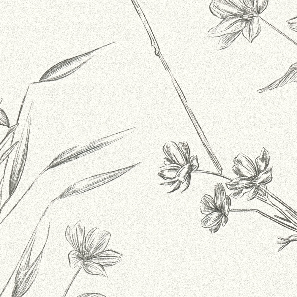             Florale Tapete mit Blättern & Schmetterlingen strukturiert matt – Weiß, Schwarz
        