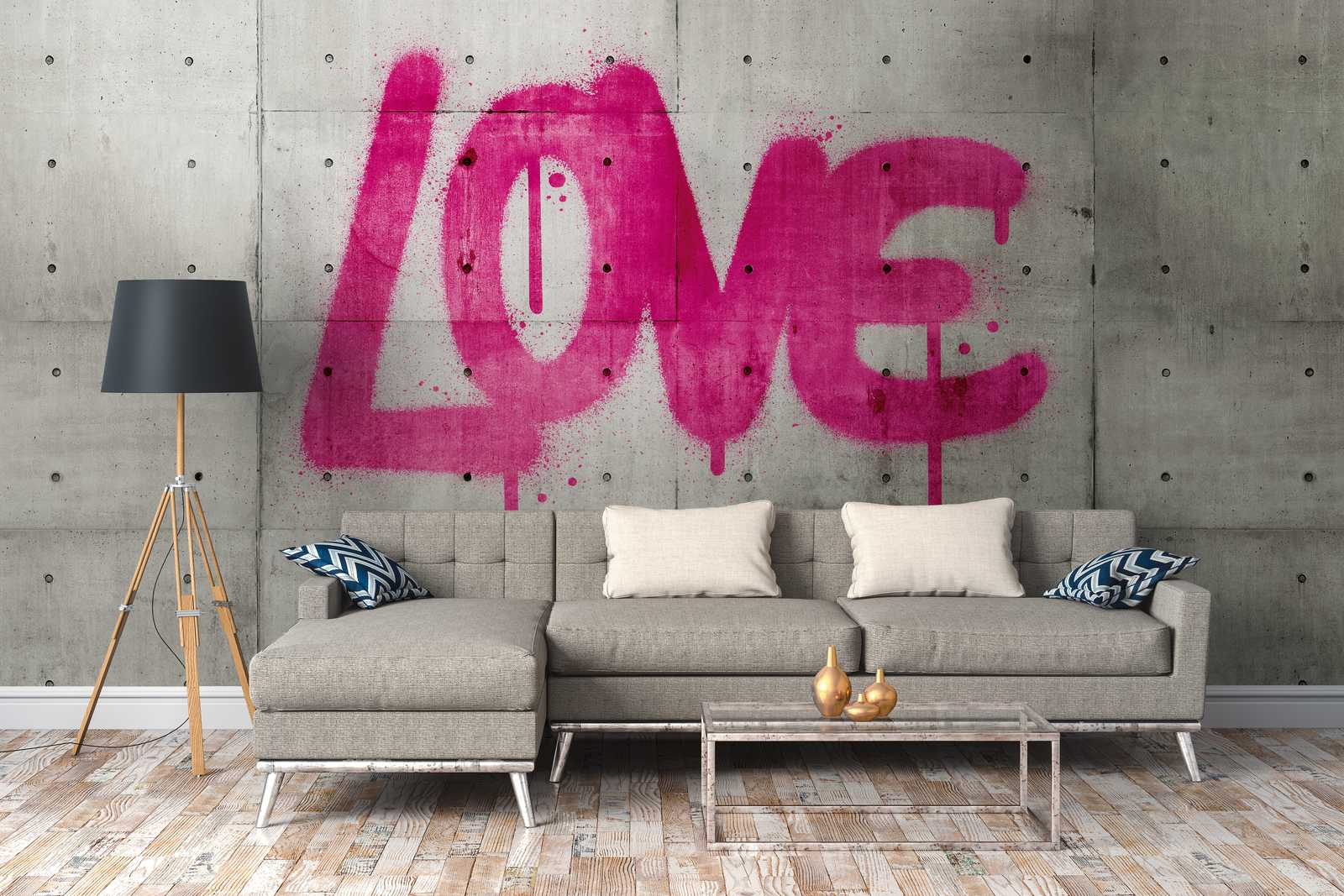             Tapeten Neuheit – Beton Motivtapete LOVE Graffiti, Grau & Pink
        