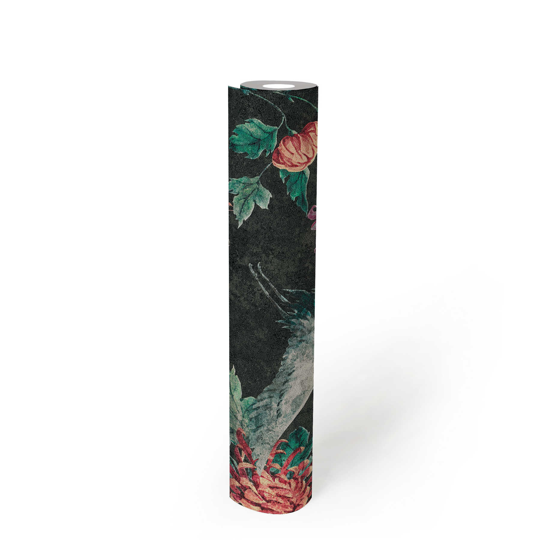             Mustertapete mit asiatischem Kranich- und Blütenmotiv – Schwarz, Rot, Grün
        
