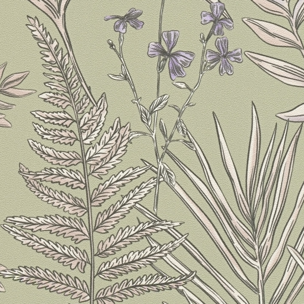             Moderne Tapete im floralen Stil mit Blättern & Blüten strukturiert – Grau, Creme, Lila
        