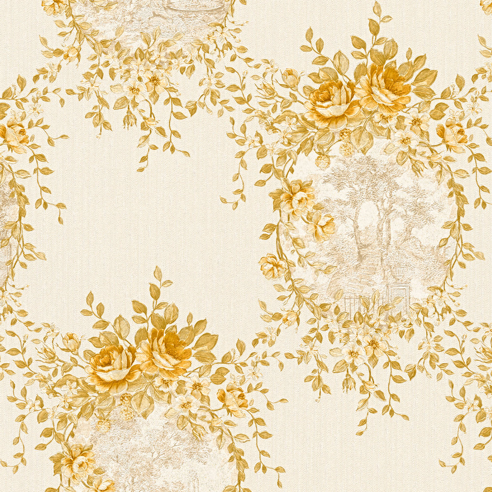             Ornament Tapete Landschaft & Rosen Emblem – Beige, Gold
        