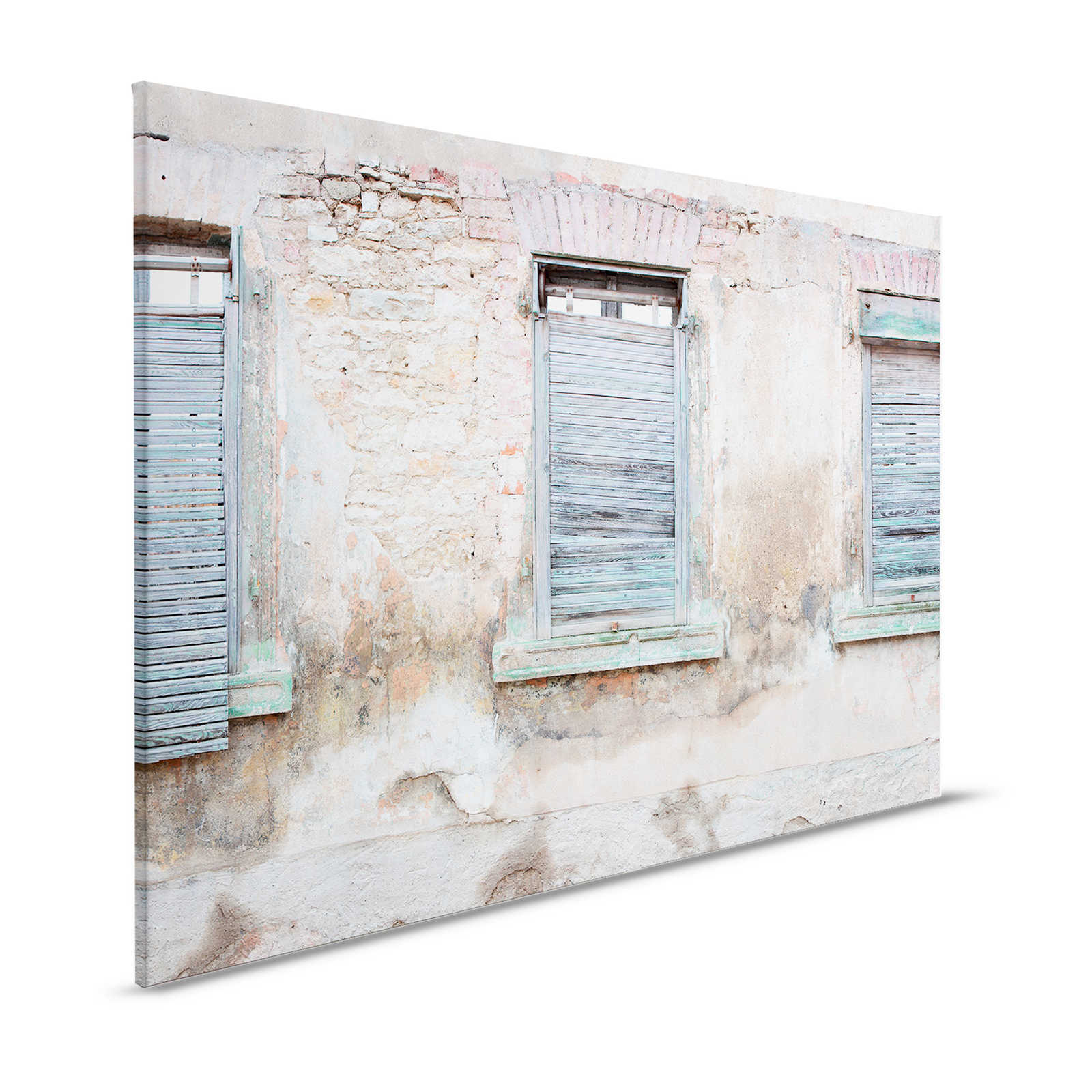 Leinwandbild Ziegelmauer mit rustikalen Fensterläden und Rundbögen – 1,20 m x 0,80 m
