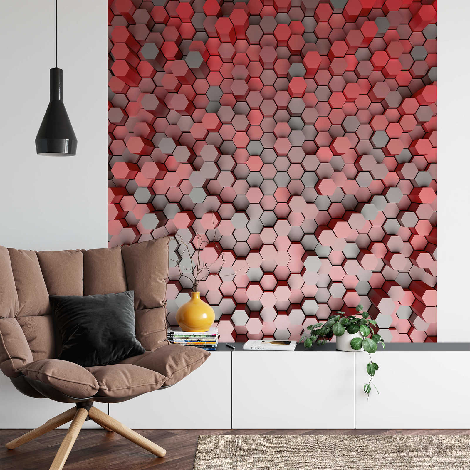             3D Fototapete Hexagon Grafik-Design – Rot, Grau
        