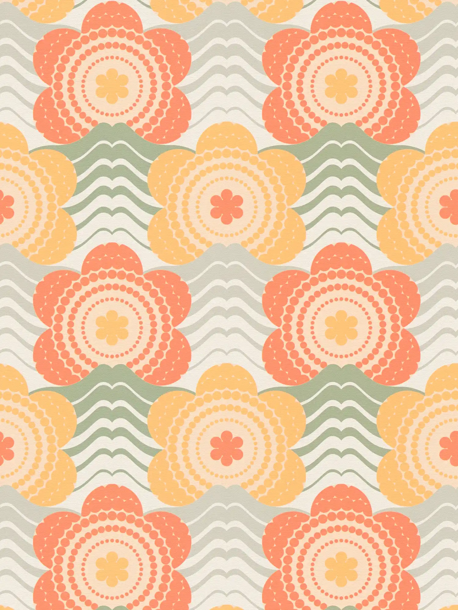 Retro Vliestapete mit Wellen und Blumen Muster – Orange, Gelb, Grün
