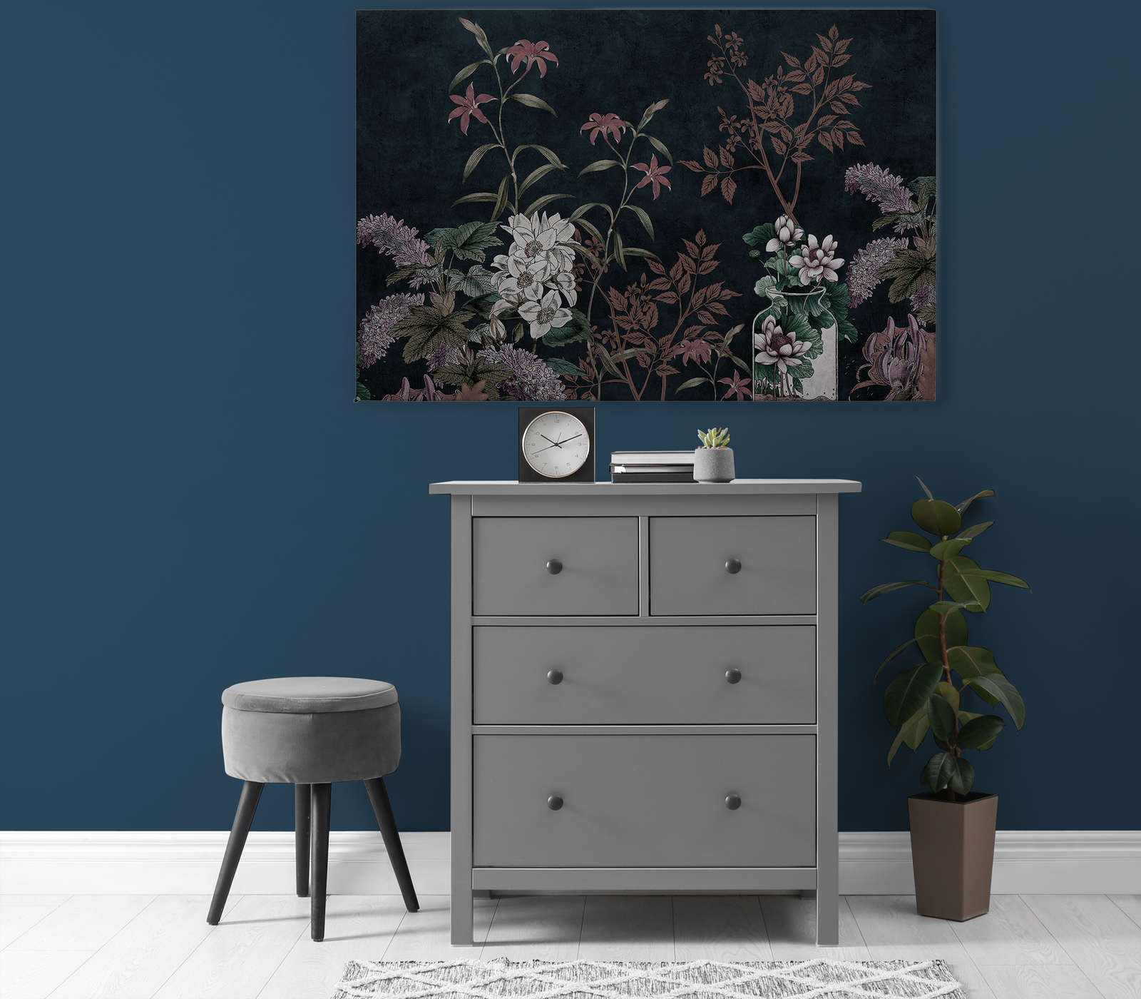             Dark Room 2 - Schwarzes Leinwandbild Botanical Muster Rosa – 1,20 m x 0,80 m
        