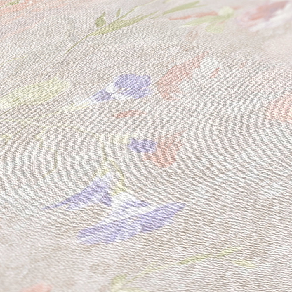             Blumentapete gemaltes Muster PVC-frei – Grau, Bunt, Rosa
        