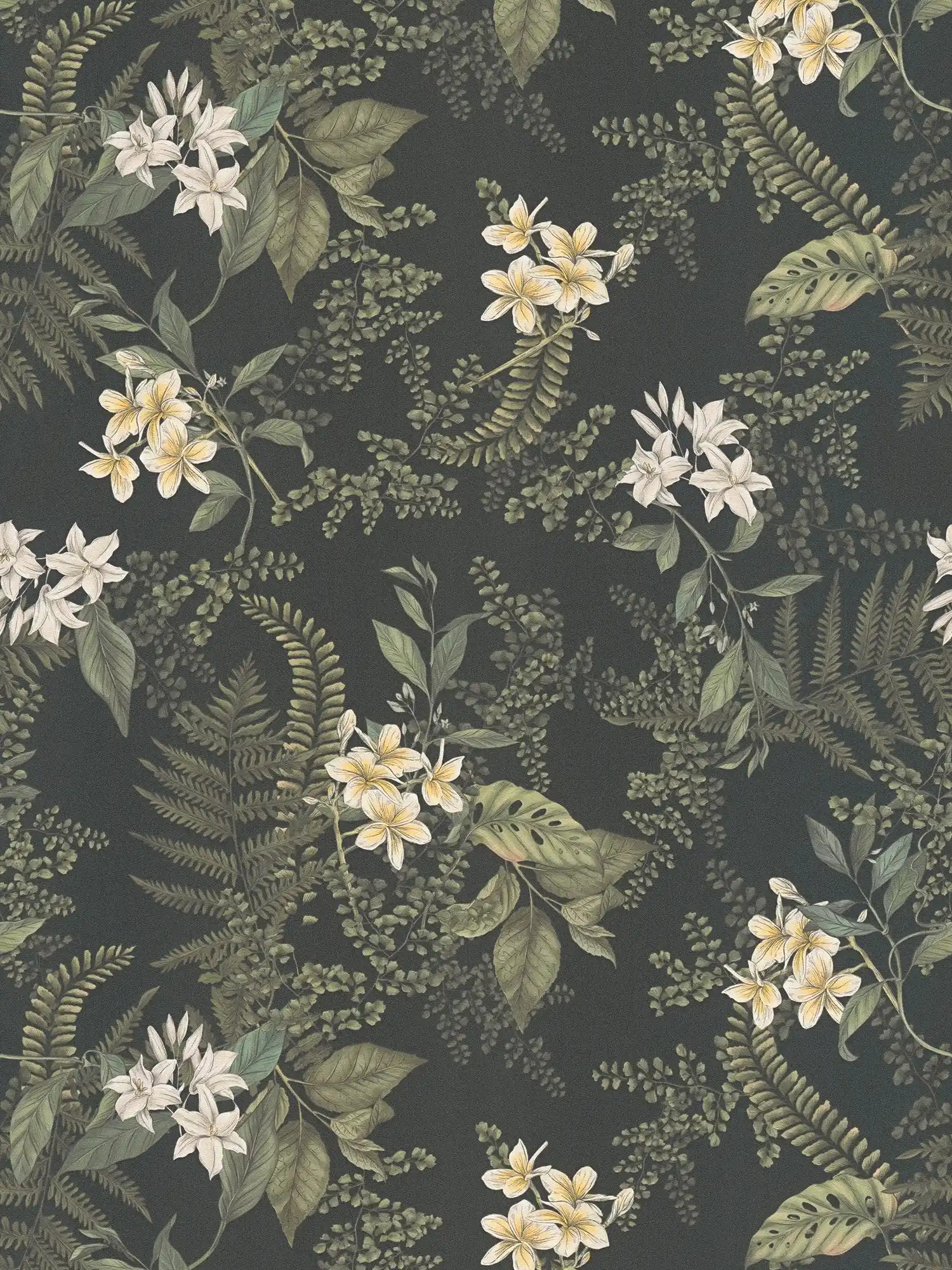 Moderne Tapete floral mit Blüten & Gräsern strukturiert matt – Schwarz, Dunkelgrün, Weiß
