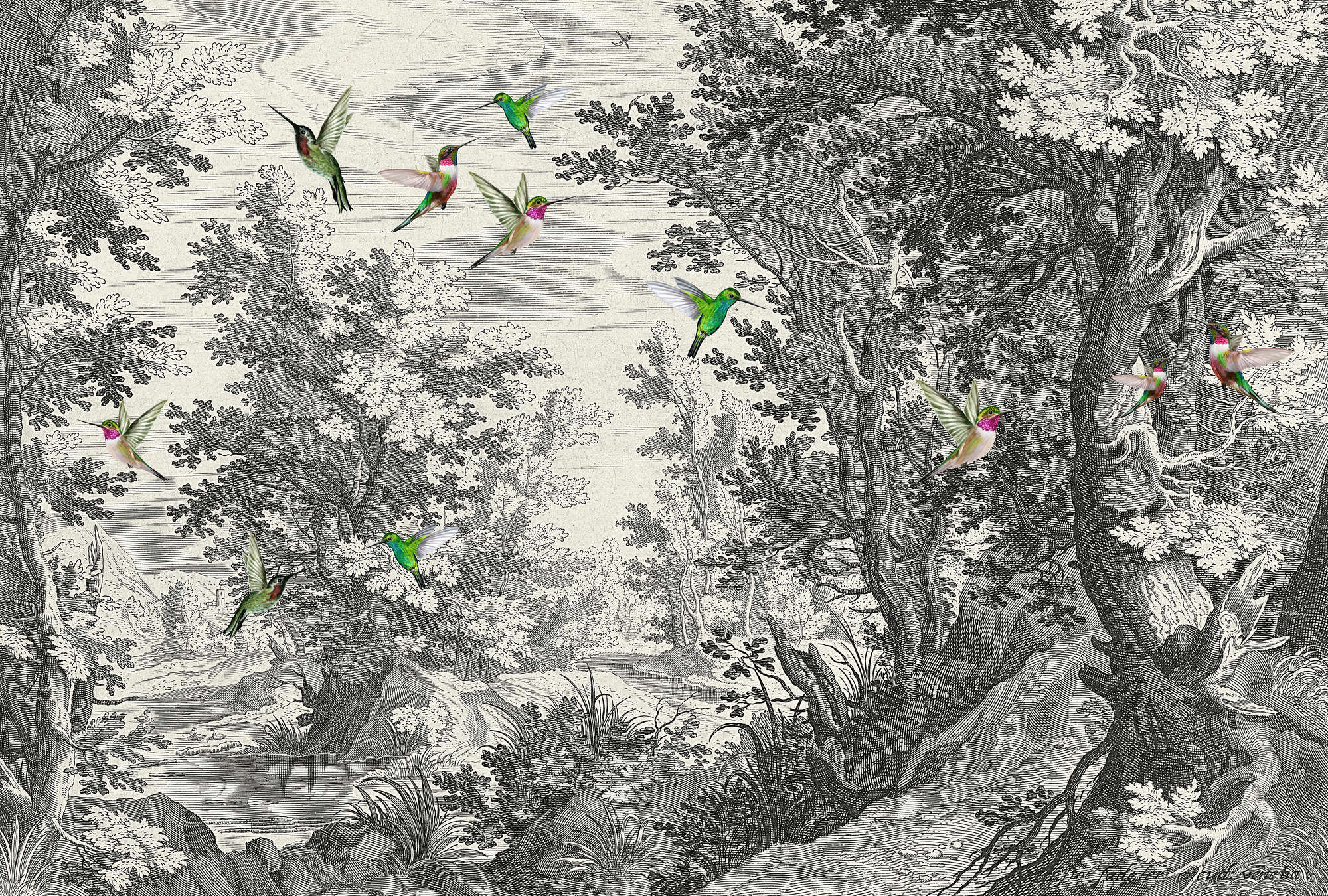             Fancy Forest 1 – Landschaft Fototapete Kunstdruck mit Vögeln
        