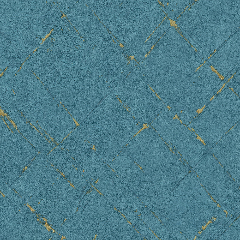             Petrolfarbene Tapete Putzoptik & Metallic Effekt – Blau, Gold
        