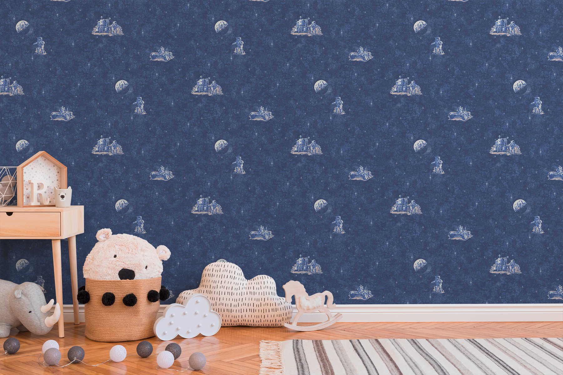             Kinderzimmer Tapete Astronaut, Weltall & Sterne – Blau, Weiß
        