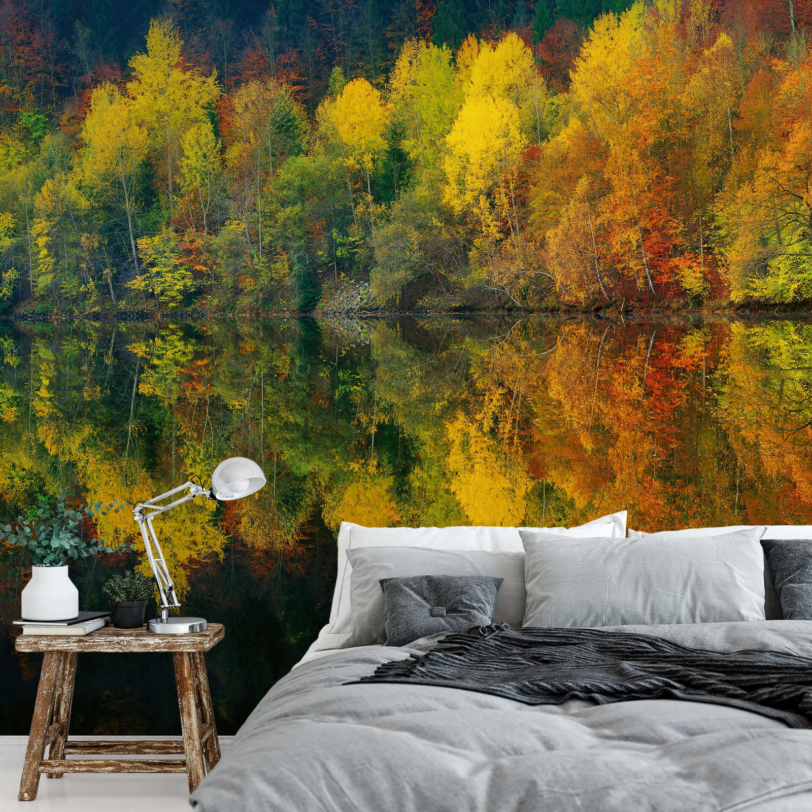             Fototapete Wald am See im Herbst – Gelb, Orange, Grün
        
