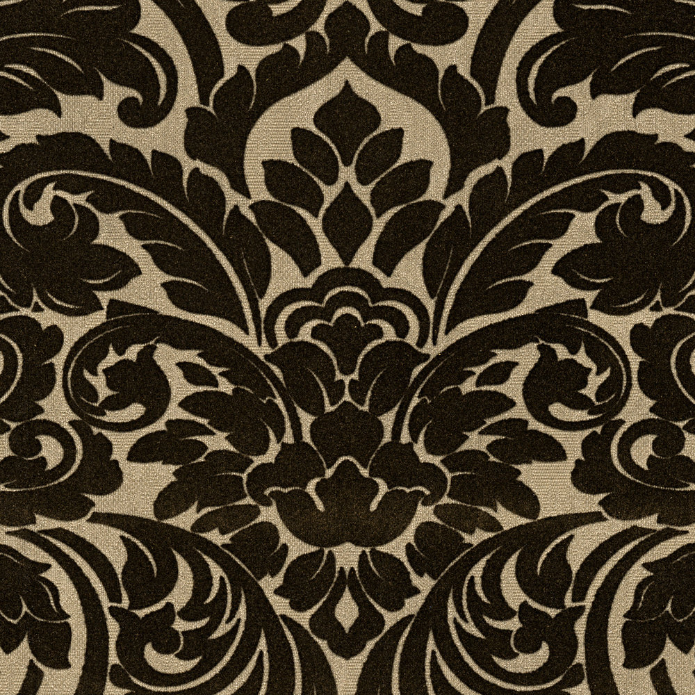             Barock Tapete mit textiler Haptik & Gold-Effekt – Schwarz
        