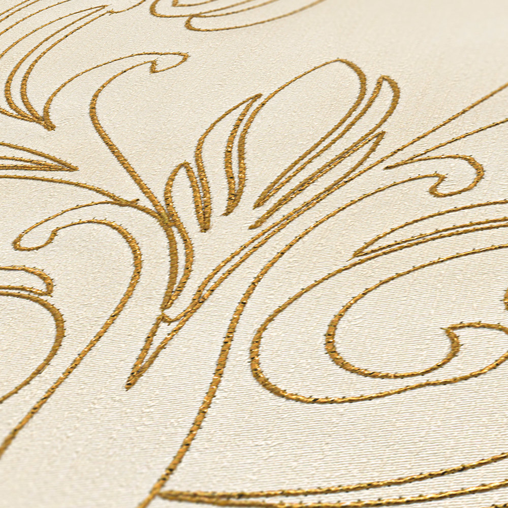             Premium Wandpanel mit Ornamenten auf Textilstruktur – Creme, Gold
        