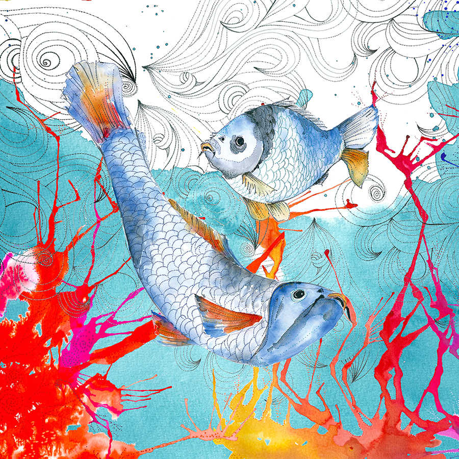 Aquarell Fototapete Fisch Motiv in Blau und Rosa auf Perlmutt Glattvlies

