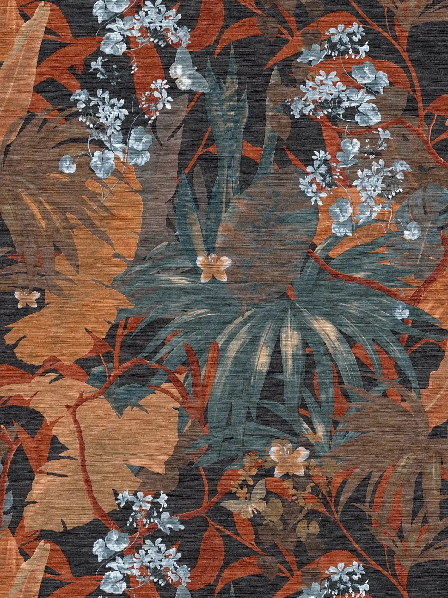         Dschungel-Tapete mit Blättermuster – Orange, Blau
    