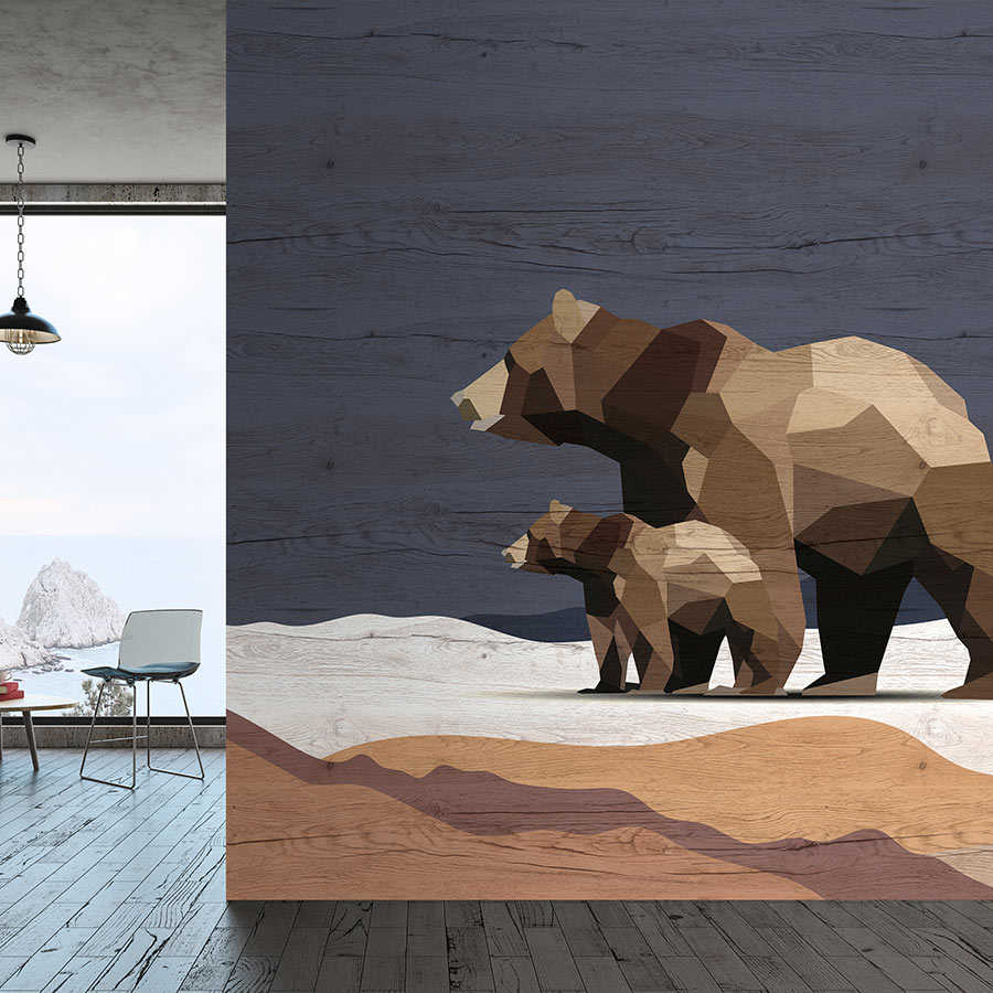 Yukon 3 – Fototapete Bären Familie im Facetten Design & Holzoptik
