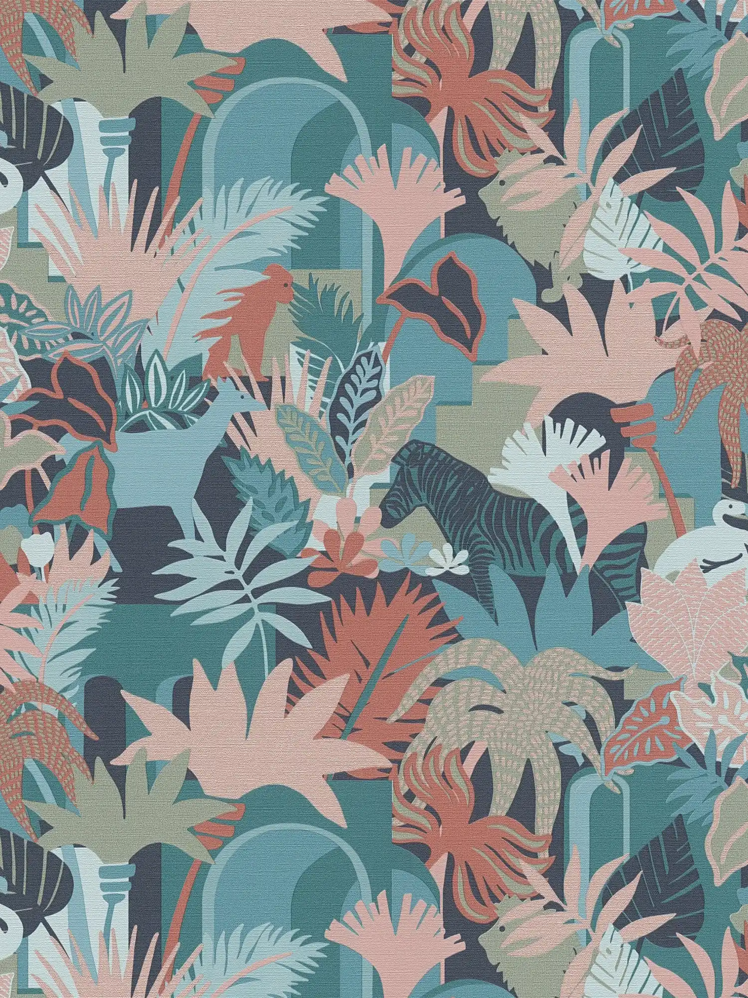 Vliestapete in Dschungeloptik mit Tieren – Bunt, Grün, Blau

