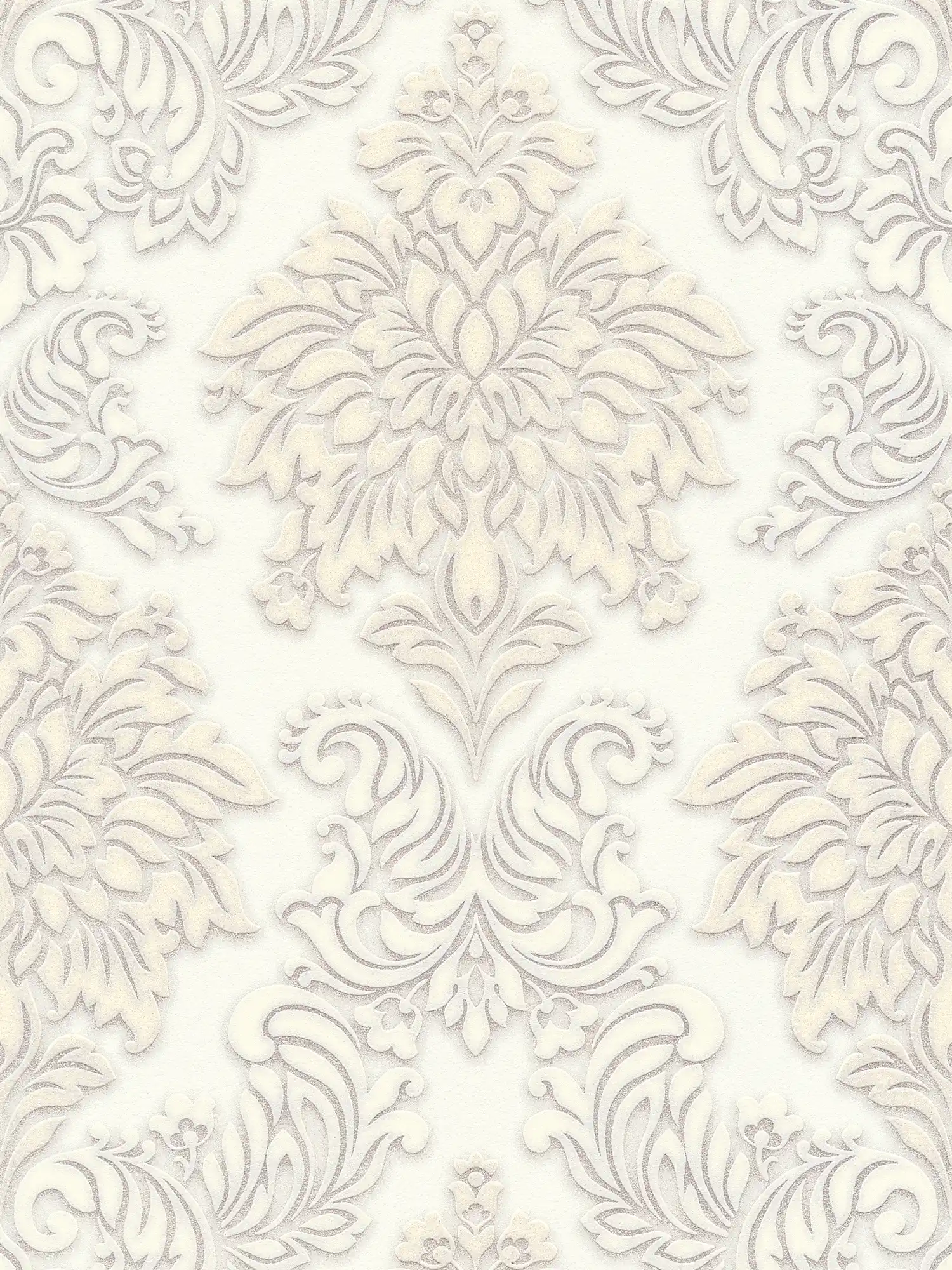         Barock Tapete Ornamente mit Glitzereffekt – Weiß, Silber, Beige
    