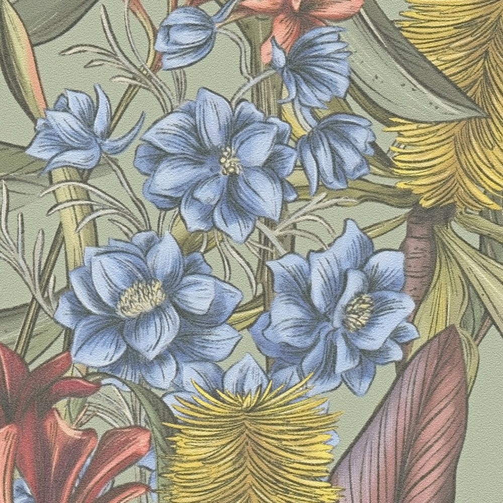             Florale Tapete im Dschungel Stil mit Blättern & Blüten strukturiert matt – Bunt, Grün, Gelb
        