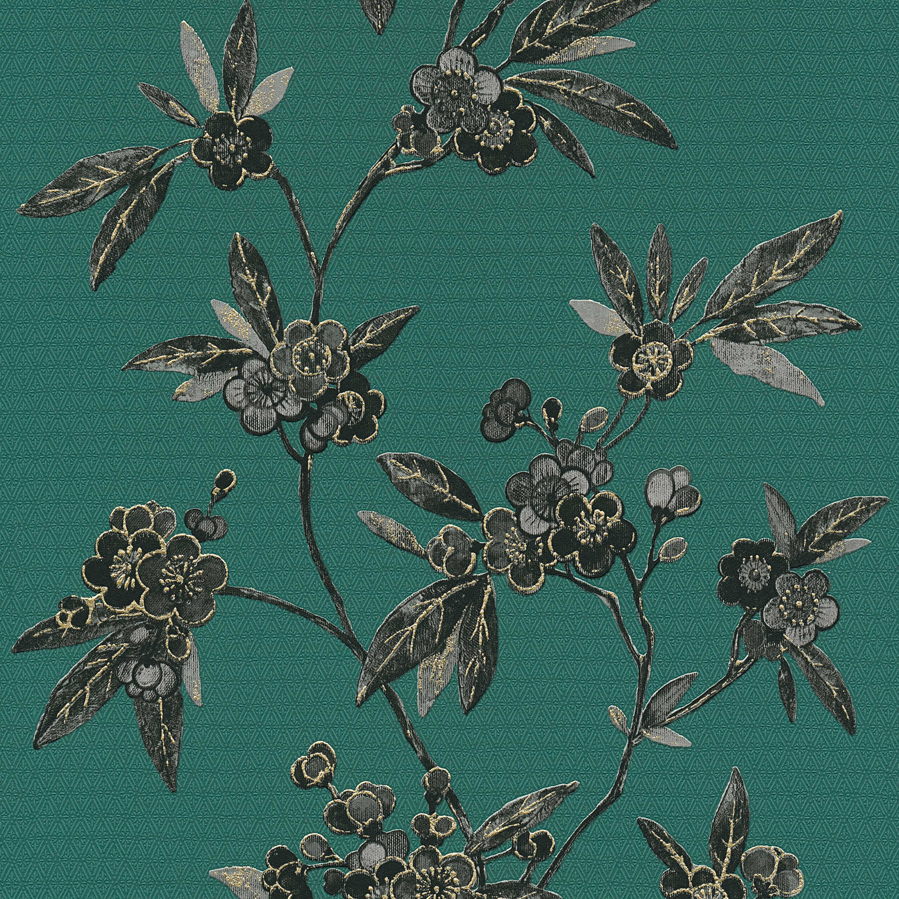             Florale Tapete mit Blütenranken im asiatischen Stil – Grün, Schwarz, Grau
        