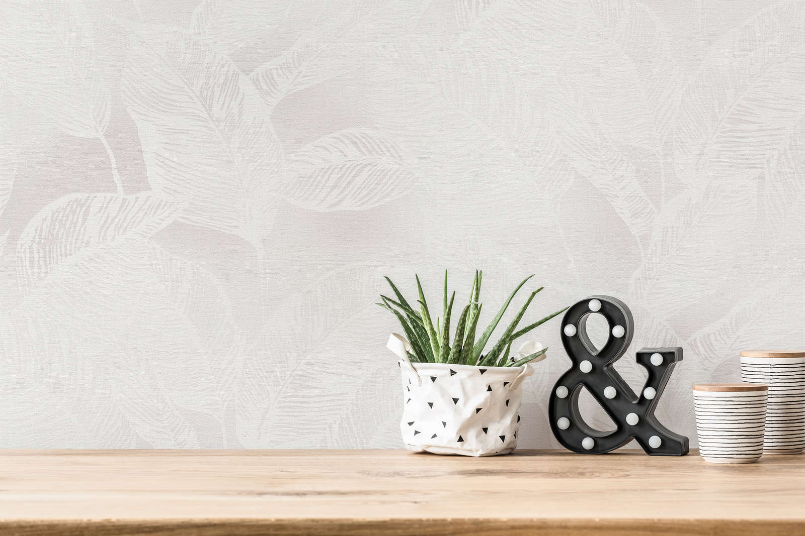             Vliestapete mit Blättern PVC-frei – Weiß, Grau
        