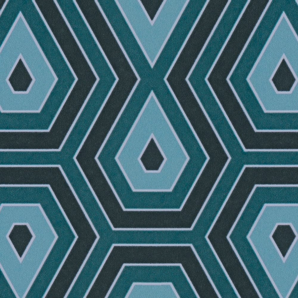             Tapete Türkis Grafik Diamant Muster im Retro Stil – Blau, Schwarz
        