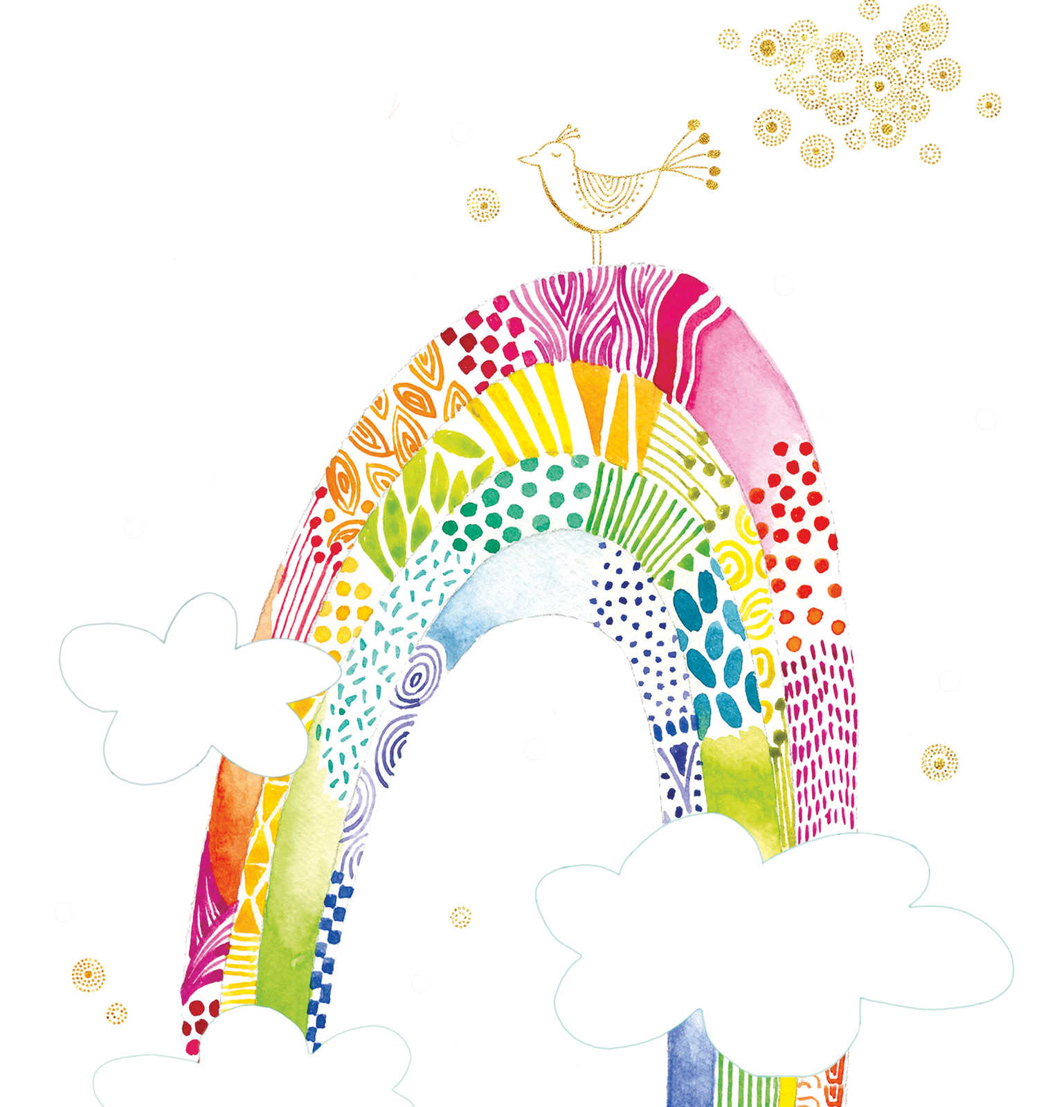             Kindermotiv Tapete mit buntem Regenbogen und Vogel – Bunt, Weiß, Pink
        