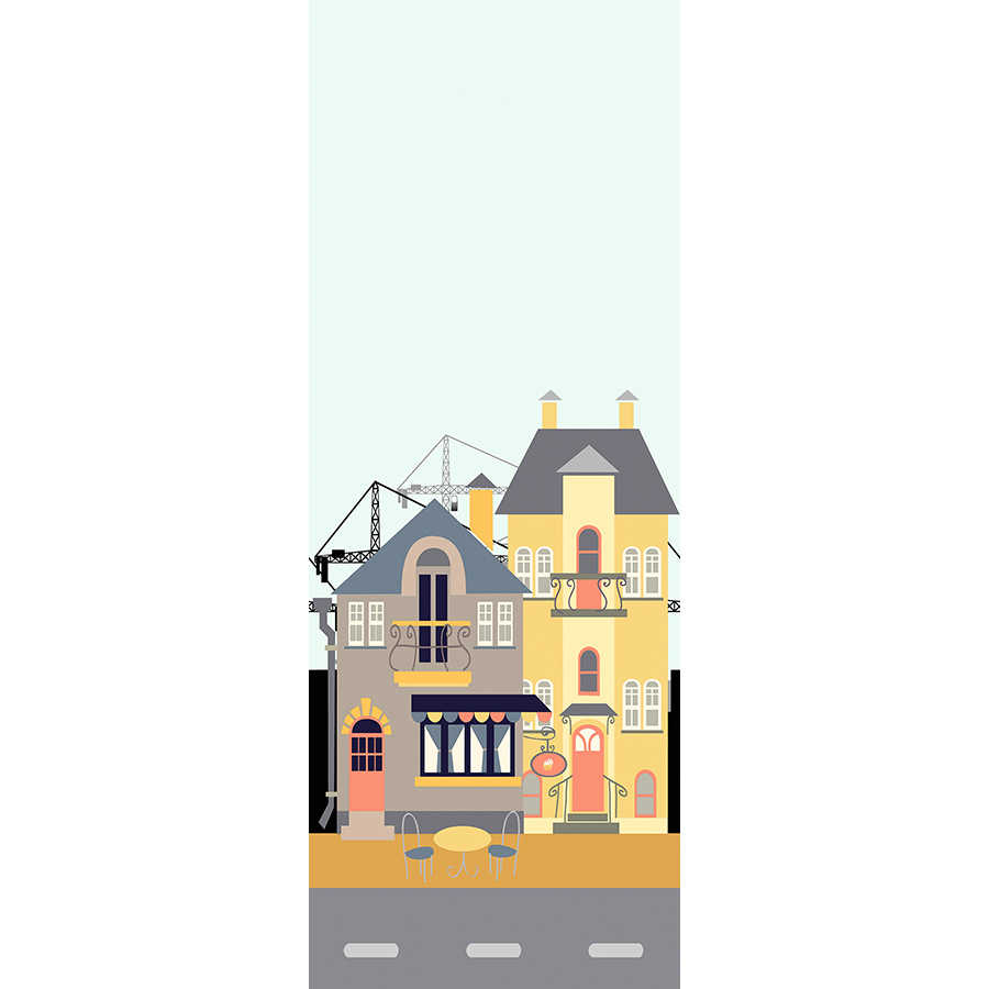 Stadt Fototapete mit Geschäft und Wohnhaus in Blau und Gelb auf Matt Glattvlies
