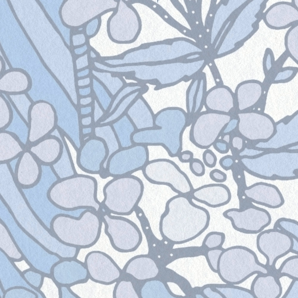             Tapete Blau & Weiß mit 70er Retro Blumenmuster – Grau, Blau, Weiß
        