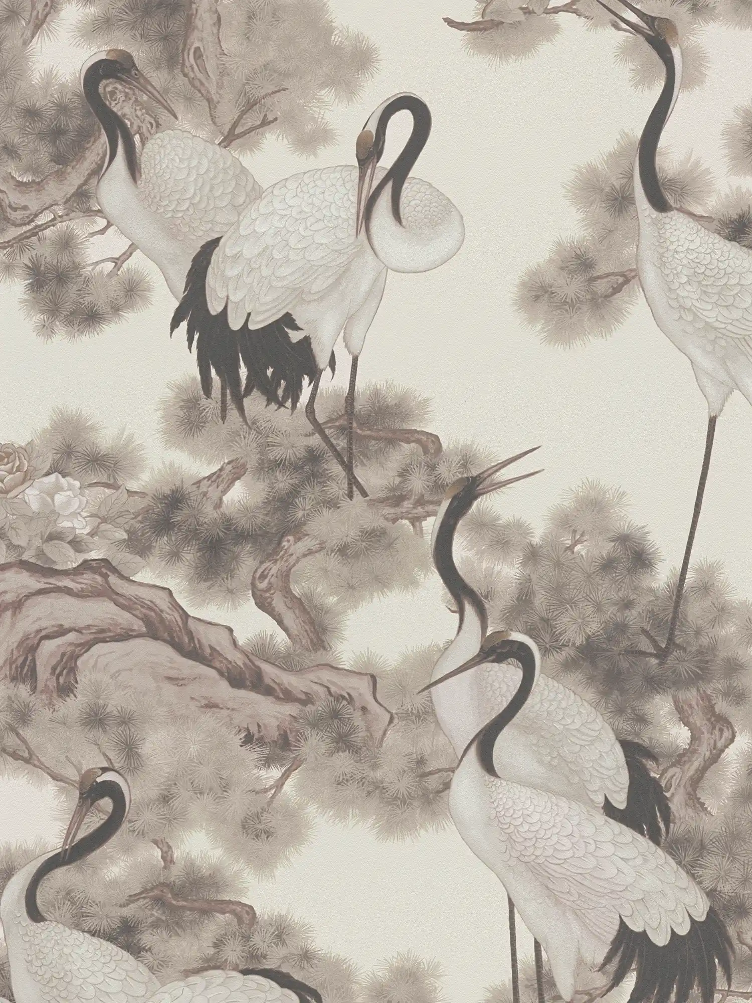 Japandi Tapete Kraniche im Asian Stil – Creme, Grau

