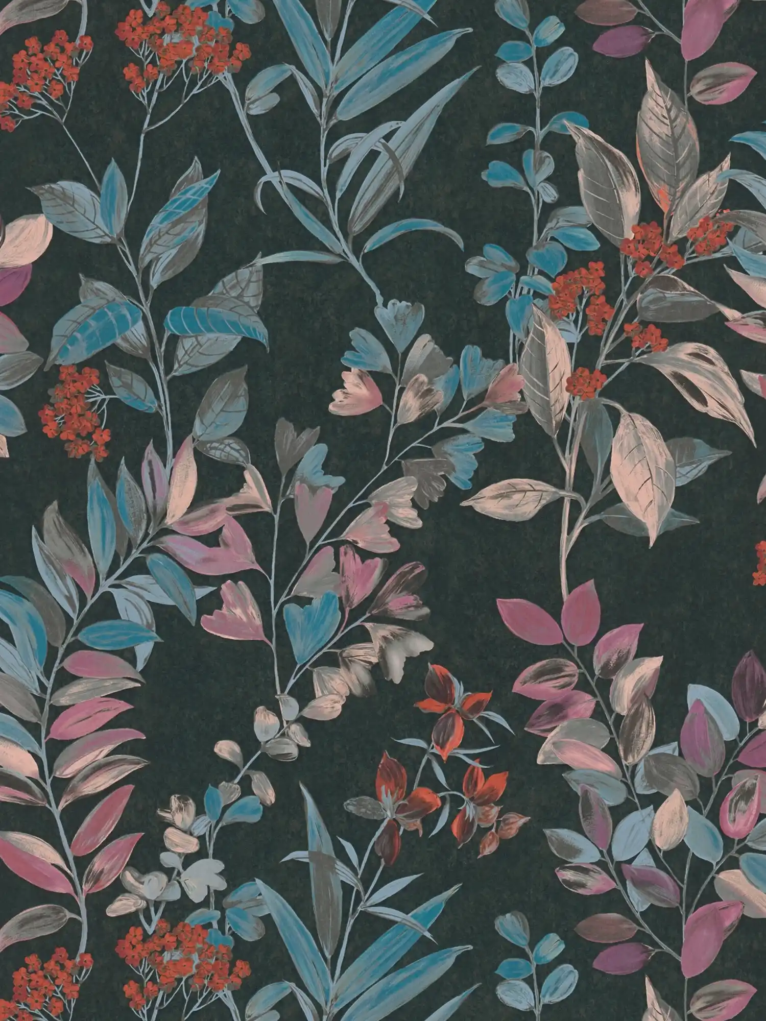 Florale Vliestapete mit Blumenmuster – Bunt, Schwarz, Blau
